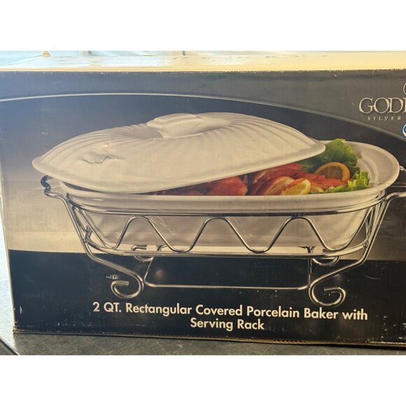 Godinger 2QT Rectangular Covered Porcelain Baker With Chrome-Plated Serving Rack - Picture 1 of 3